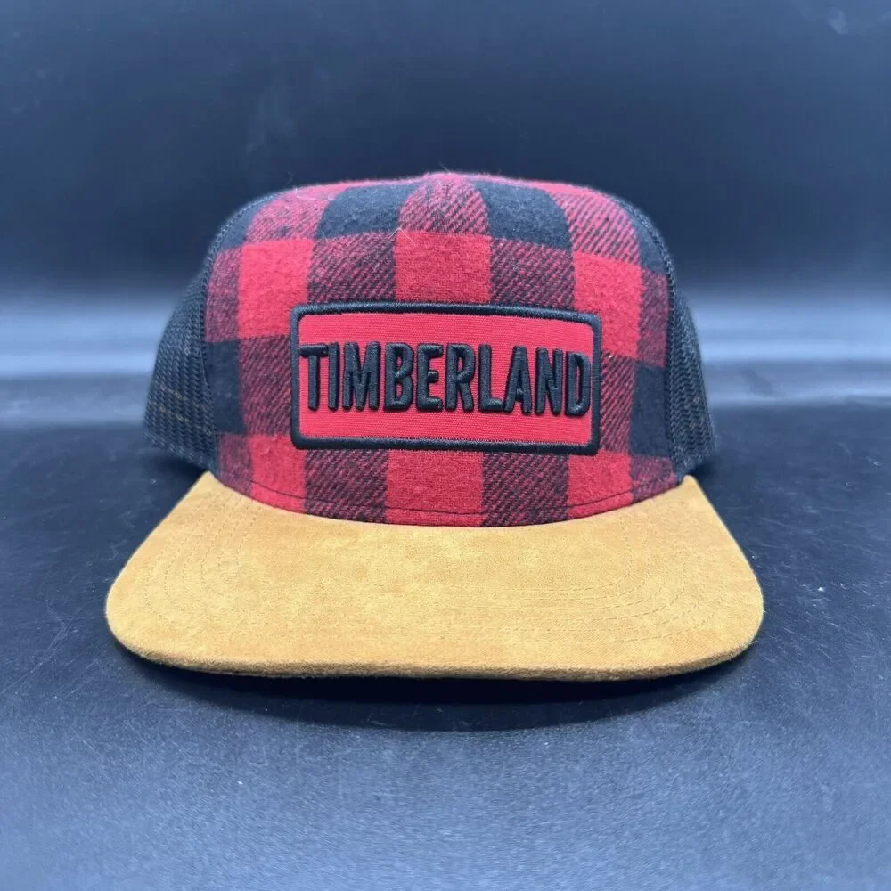 Timberland Faux Leather Red Flannel Baseball Cap Hat Adjustable One Size EUC